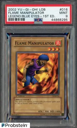 2002 Yu-Gi-Oh! LOB Legend/Blue Eyes 1st Ed #016 Flame of Manipulator PSA 9 MINT - Image 1