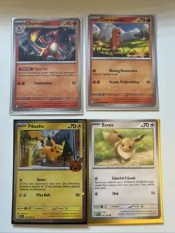 Charmeleon, Charmander, Pikachu & Eevee 4 Card Pokemon Lot 2024 & 2023 - Image 1