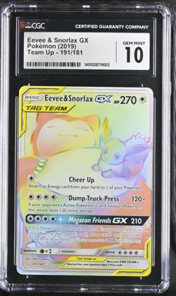 CGC 10 - 2019 POKEMON SUN & MOON TEAM UP SECRET #191 EEVEE & SNORLAX GX - Image 1