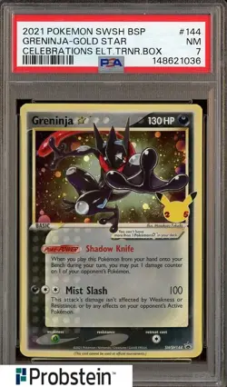 2021 Pokemon SWSH BSP Celebrations ETB #144 Greninja Gold Star PSA 7 NM - Image 1