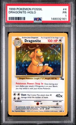 1999 POKEMON FOSSIL #4 DRAGONITE-HOLO PSA 1 - Image 1