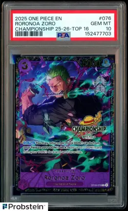 2025 One Piece OP09-076 Roronoa Zoro Top 16 Regional Championship Card PSA 10 - Image 1