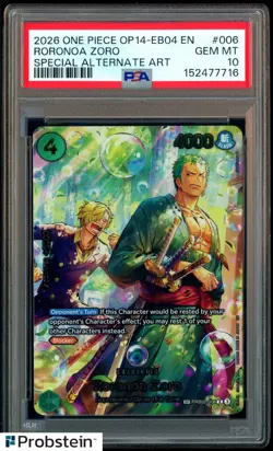 2026 ONE PIECE OP14-EB04-THE AZURE SEA'S SEVEN #006 RORONOA ZORO PSA 10 GEM MINT - Image 1