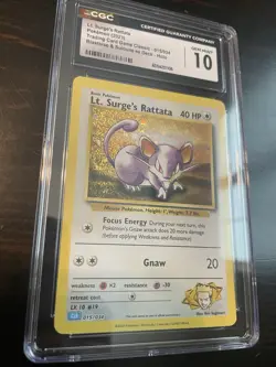 Pokemon CGC Gem Mint 10 Classic Card Game Lt. Surge's Rattata 015/034 Holo - Image 1
