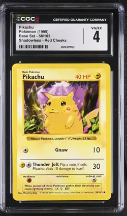 CGC 4 Pikachu 58/102 Shadowless Red Cheeks Base Set Pokemon Card - Image 1