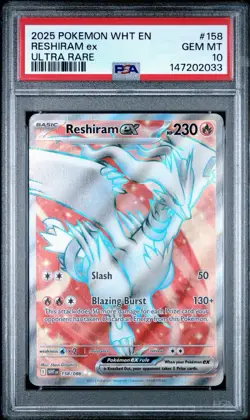 PSA 10 RESHIRAM #158 ULTRA RARE FULL ART 2025 POKEMON WHT EN WHITE FLARE - Image 1