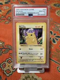 1999 POKEMON BASE SET YELLOW CHEEKS-SHADOWLESS #58 PIKACHU PSA 10 - Image 1