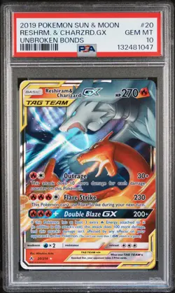2019 POKEMON SUN & MOON UNBROKEN BONDS #20 RESHIRAM & CHARIZARD GX PSA 10 - Image 1