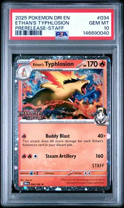 2025 POKEMON DRI EN-DESTINED RIVALS PRERELEASE-STAFF ETHAN'S TYPHLOSION PSA 10 - Image 1