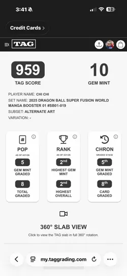 CHI-CHI SB01-019 Alt Art Dragon Ball Manga Card TAG Gem Mint 10 LOW POP 5 - Image 4