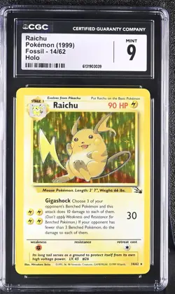 CGC 9 MINT Raichu 14/62 Holo Fossil Pokemon Card - Image 1