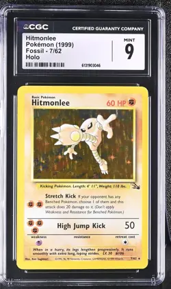 CGC 9 MINT Hitmonlee 7/62 Holo Fossil Pokemon Card - Image 1