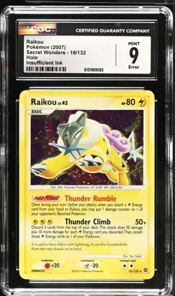 CGC 9 MINT Raikou 16/132 Holo Insufficient Ink Error Secret Wonders Pokemon Card - Image 1