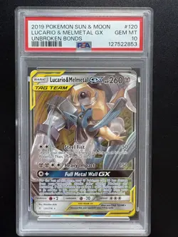 PSA 10 GEM MINT Pokemon Lucario and Melmetal GX Unbroken Bonds TAG TEAM 120/214 - Image 1