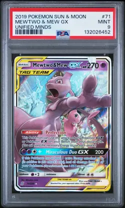 2019 Mewtwo & Mew Gx Pokemon Tag Team Sun & Moon Unified Minds 71/236 PSA 9 - Image 1