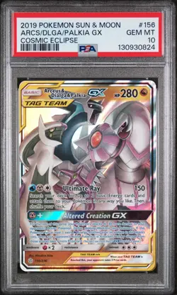 2019 POKEMON SUN & MOON COSMIC ECLIPSE #156 ARCEUS & DIALGA & PALKIA GX PSA 10 - Image 1