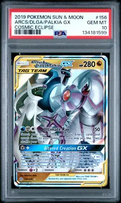 2019 POKEMON SUN & MOON COSMIC ECLIPSE #156 ARCEUS & DIALGA & PALKIA GX PSA 10 - Image 1