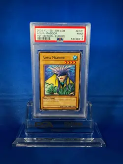 2002 Yugioh PSA 9 Aqua Madoor EUROPE LOB-E021 1st Edition Rare Card - Image 1