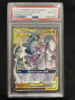 2019 POKEMON SUN & MOON COSMIC ECLIPSE #156 ARCEUS & DIALGA & PALKIA GX PSA 10 - Image 1