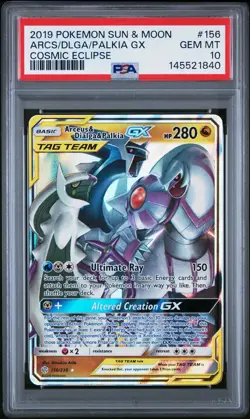2019 POKEMON SUN & MOON COSMIC ECLIPSE #156 ARCEUS & DIALGA & PALKIA GX PSA 10 - Image 1