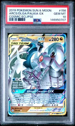 2019 POKEMON SUN & MOON COSMIC ECLIPSE #156 ARCEUS & DIALGA & PALKIA GX PSA 10 - Image 1