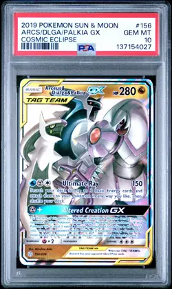 2019 POKEMON SUN & MOON COSMIC ECLIPSE #156 ARCEUS & DIALGA & PALKIA GX PSA 10 - Image 1