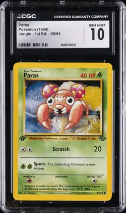 1999 POKEMON JUNGLE #59/64 PARAS CGC 10 GEM MINT - Image 1