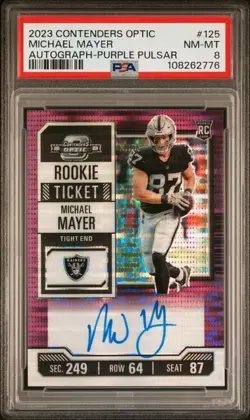 2023 Contenders Optic Michael Mayer #d/21 SSP Auto Purple Pulsar ROOKIE RC PSA 8 - Image 1