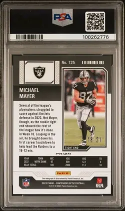 2023 Contenders Optic Michael Mayer #d/21 SSP Auto Purple Pulsar ROOKIE RC PSA 8 - Image 2