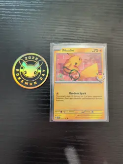 Pikachu 051/162 Stamped Pokemon Day 2026 Holo SWIRL With Coin Pokemon Card - Image 1