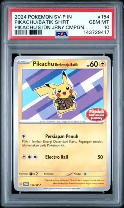 2024 POKEMON INDONESIAN SV-P PROMO #154 PIKACHU IN BATIK SHIRT PSA 10 - Image 1