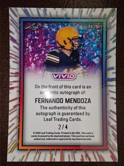 2025 LEAF VIVID AUTO FERNANDO MENDOZA ORANGE LAVA AUTOGRAPH 2/4 RARE SP #1 PICK - Image 2