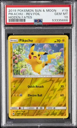 2019 POKEMON SUN & MOON HIDDEN FATES #19 PIKACHU-REVERSE FOIL PSA 10 - Image 1