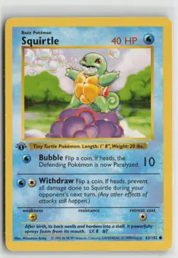 1st Edition Squirtle 63/102 Common Base Set Shadowless Pokemon NM - Image 1