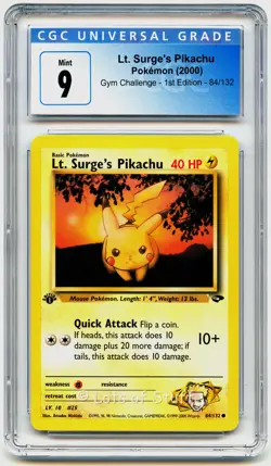 CGC 9 MINT Lt. Surge's Pikachu Gym Challenge 1st Edition Pokemon 84/132 -10 - Image 1