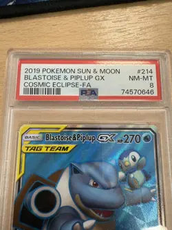 2019 Pokemon Sun & Moon Cosmic Eclipse Blastoise Piplup Tag Team #214/236 PSA 8 - Image 2