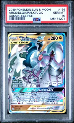 2019 POKEMON SUN & MOON COSMIC ECLIPSE #156 ARCEUS & DIALGA & PALKIA GX PSA 10 - Image 1