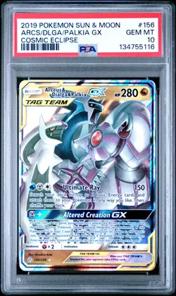 2019 POKEMON SUN & MOON COSMIC ECLIPSE #156 ARCEUS & DIALGA & PALKIA GX PSA 10 - Image 1
