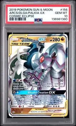2019 POKEMON SUN & MOON COSMIC ECLIPSE #156 ARCEUS & DIALGA & PALKIA GX PSA 10 - Image 1