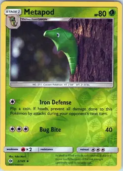 Metapod 2/149 Uncommon - Pokemon Sun & Moon Base Set - Reverse Holo (NM) - Image 1