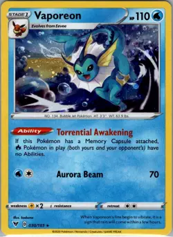 Vaporeon - (Cosmos Holo) 030/185 Holo - Pokemon Card - NM - Image 1
