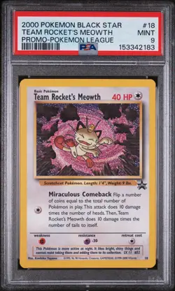 2000 Pokemon Black Star #18 Team Rocket's MEOWTH Promo Pokemon League PSA 9 - Image 1
