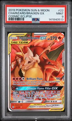 2019 Pokemon TCG Charizard & Braixen GX Sun & Moon Cosmic Eclipse #22/236 PSA 9 - Image 1