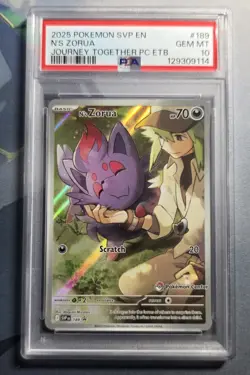 2025 POKEMON JOURNEY TOGETHER POKEMON CENTER ETB PROMO #189 N'S ZORUA PSA 10 - Image 1