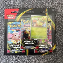 Pokemon TCG Mega Evolution Perfect Order Triple 3-Pack Blister (Chikorita Promo) - Image 1