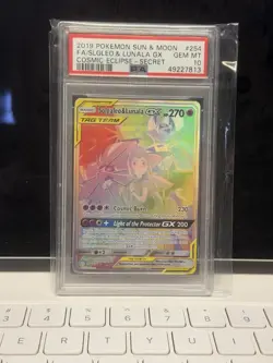 2019 POKEMON SUN & MOON COSMIC ECLIPSE #254 FULL ART/SOLGALEO & LUNALA GX PSA 10 - Image 1