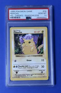 1999 Pokemon Game Pikachu Yel. Cheeks - Shadowless #58 PSA 10 GEM MT - Image 1