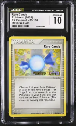 CGC 10 GEM MINT Rare Candy EX Emerald 83/106 Reverse Holo Stamped Pokemon Card - Image 1