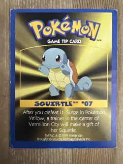 Squirtle #7, 1999 Pokemon Game Tip Card, Nintendo & Kellogg Canada - DMG - Image 1