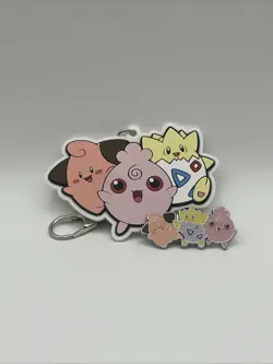 Small But Mighty Official Pokemon Pin & Keychain Jigglypuff/Togepi/Cleffa - Image 1